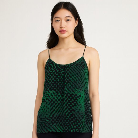 Theory 100% Silk Green Dot Print Lined Camisole Top Spaghetti Straps Size P - Picture 1 of 14